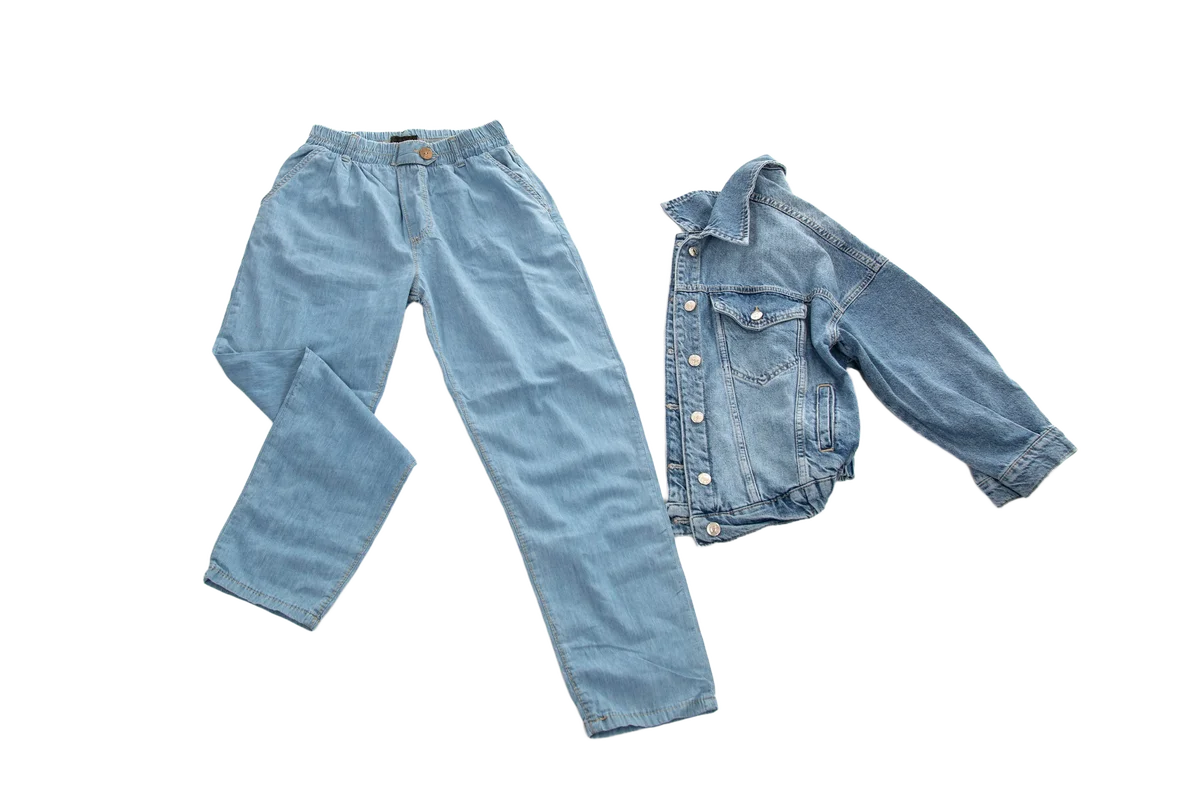 Denim jeans and jacket flat lay with the background removed for an eBay listing — shadows stripped for a clean gallery thumbnail
