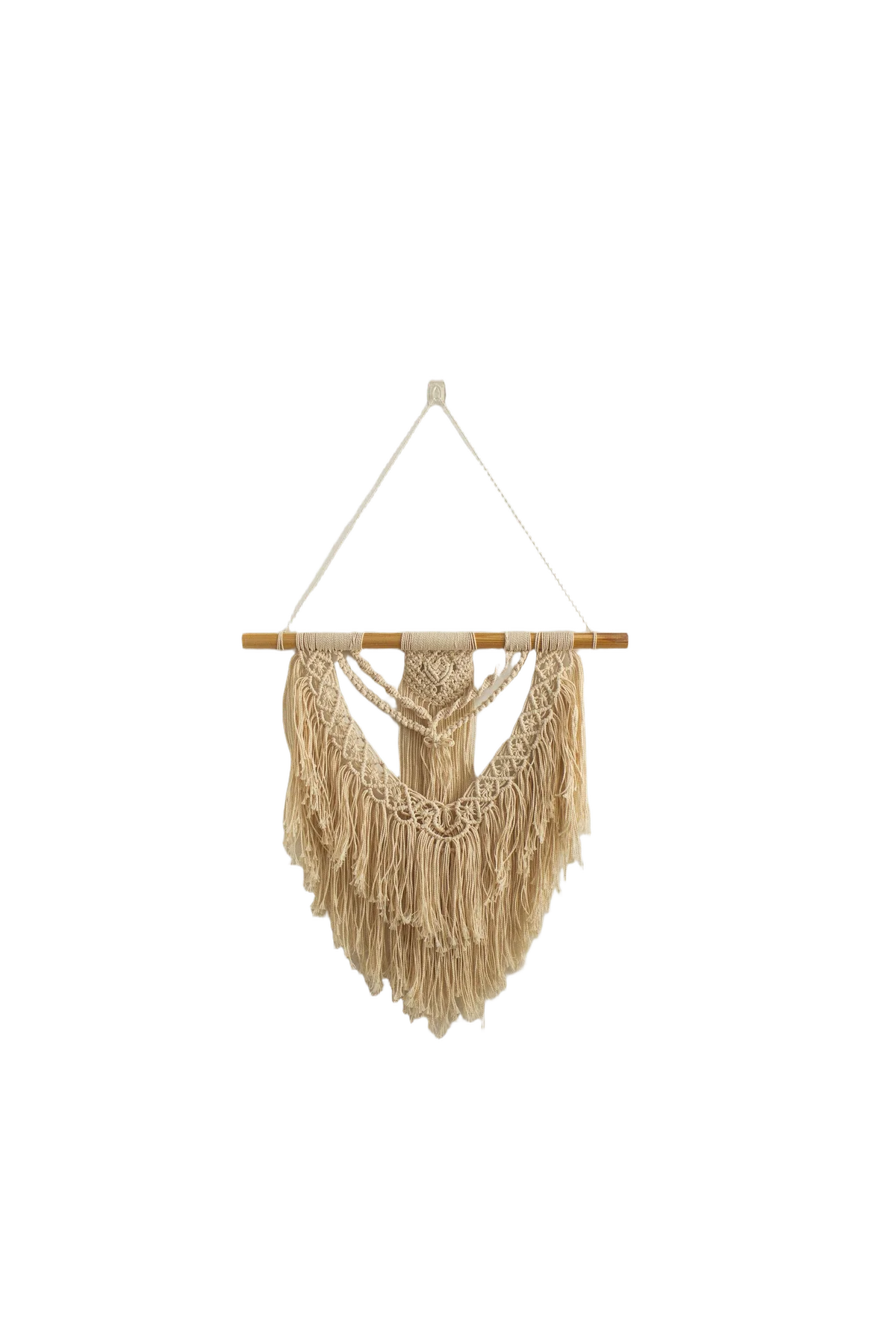 Handmade macramé wall hanging with the background removed for an Etsy listing — fringe edges cut out cleanly